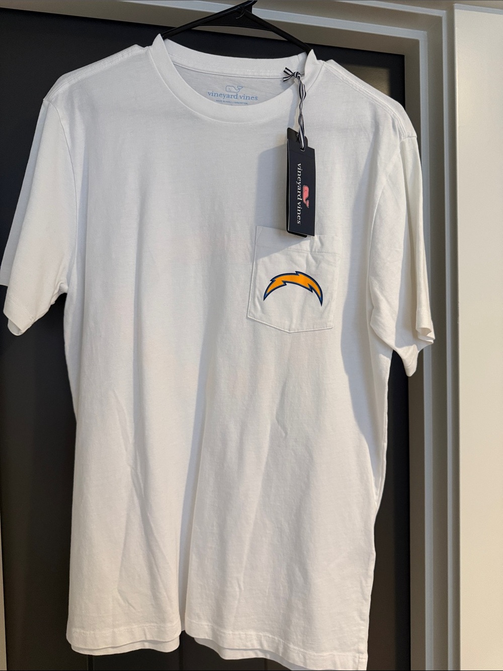 Vineyard Vines White Short-Sleeve Pocket Tee with Yellow Chargers Bolt